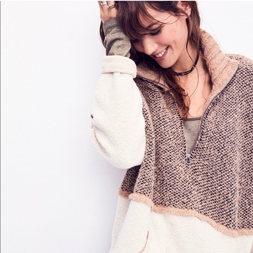 Free People Colorblock Half-Zip Sweater in Cream and Brown